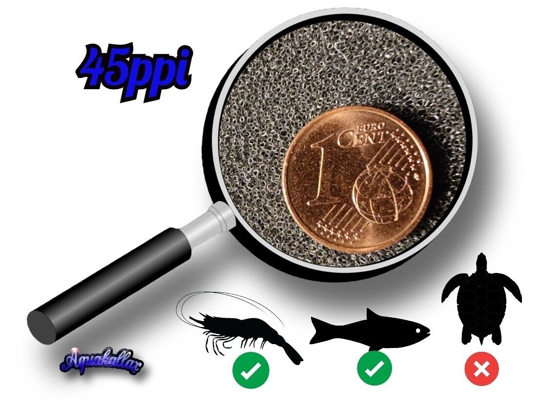 Porenstruktur einer Aquakallax Filtermatte mit 45 ppi, dargestellt mit Lupe und 1-Cent-Münze als Größenvergleich