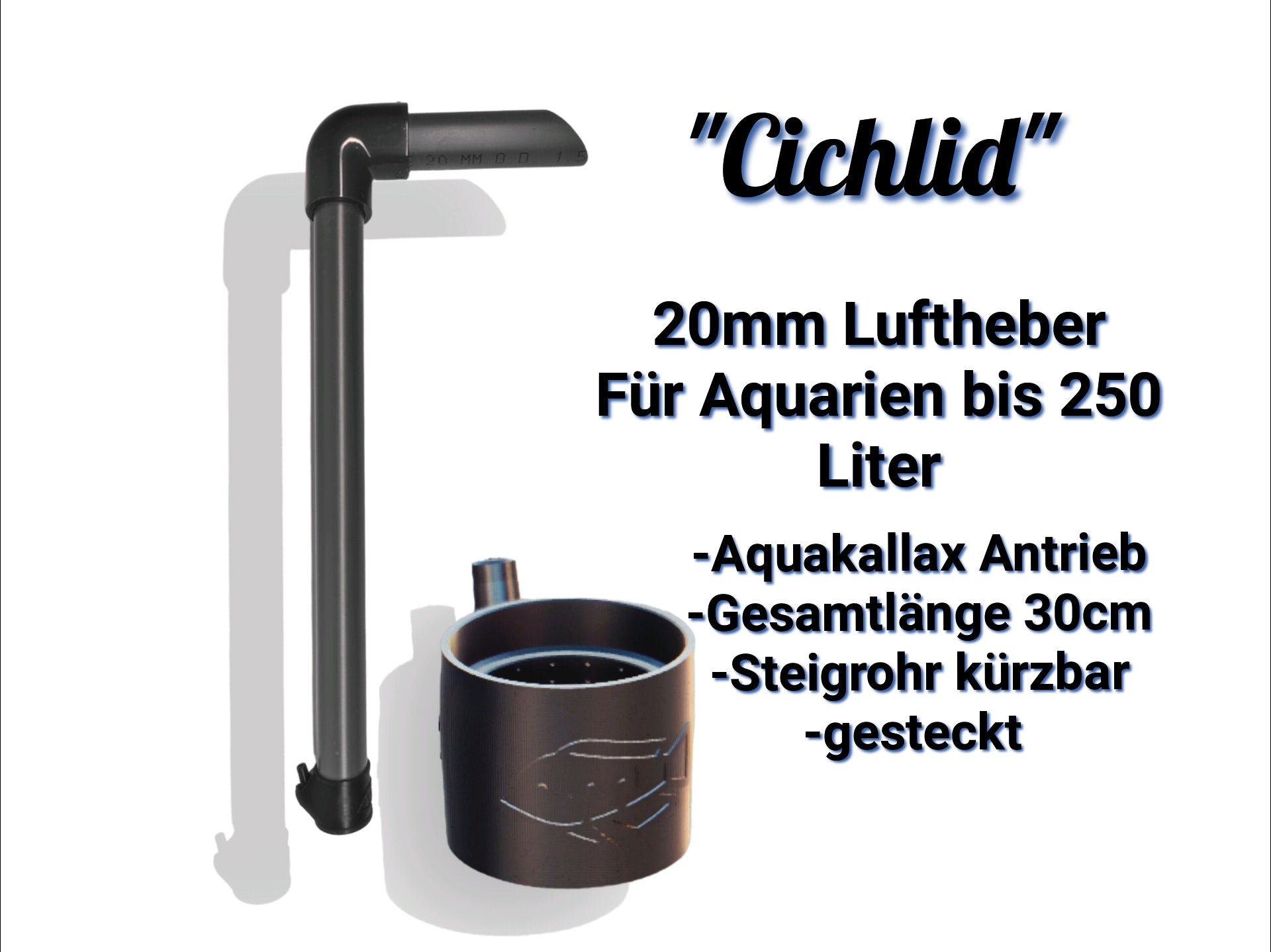 Der Aquakallax Luftheber mit 20mm "Cichlid" Antriebsteil. Für Aquarien bis 250 Liter geeignet. Gesamtlänge 30cm, kürzbares Steigrohr, gesteckte Version