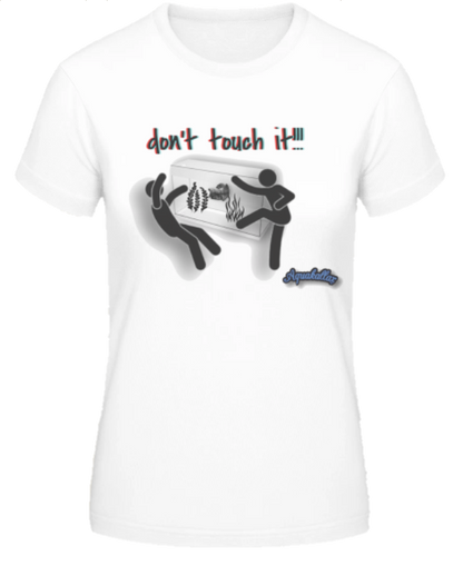 Weißes Aquakallax Aqua-Shirt in der Frontansicht mit don’t touch it Aufdruck und zwei Figuren an einem Aquarium