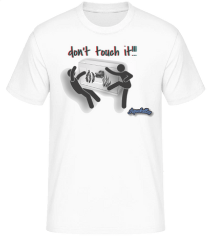 Weißes Aquakallax Aqua-Shirt mit Aufdruck don’t touch it und humorvollem Motiv zweier Figuren vor einem Aquarium
