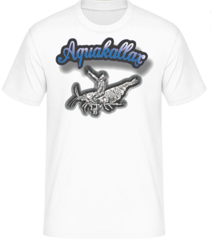 Weißes Aquakallax Aqua-Shirt in der Frontansicht mit großem blauem Aquakallax Schriftzug und schwarzem Fischmotiv