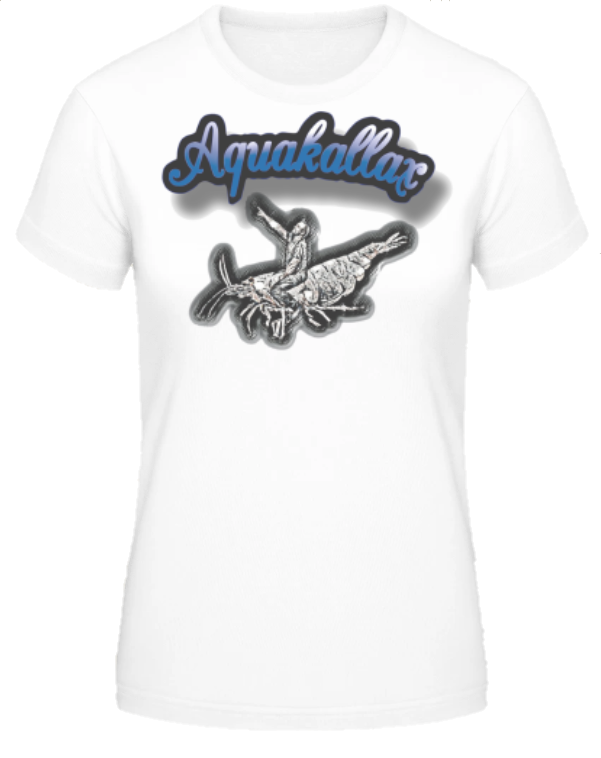 Weißes Aquakallax Aqua-Shirt mit blauem Aquakallax Schriftzug und schwarzem Fischmotiv auf der Vorderseite