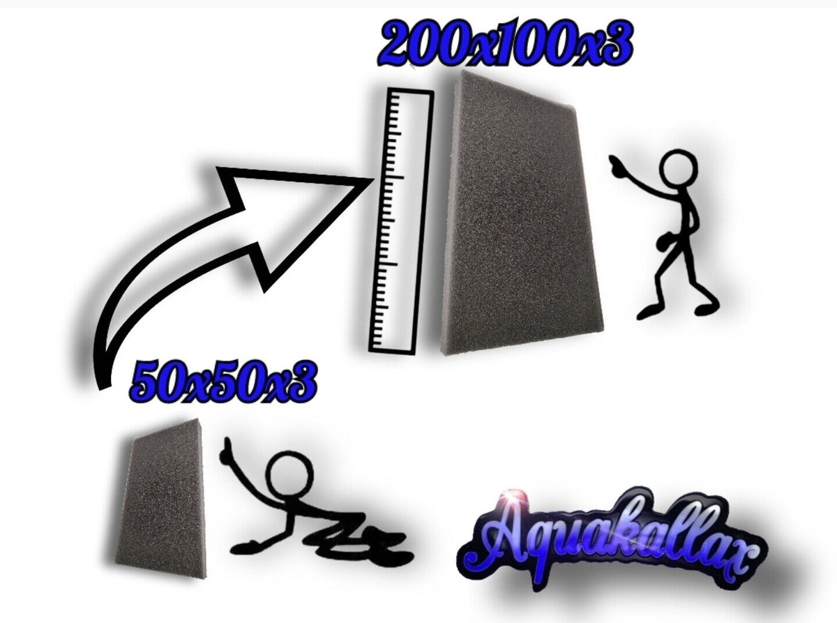 Größenvergleich von Aquakallax Filtermatten: 50 × 50 × 3 cm und 200 × 100 × 3 cm mit Maßstab und Pfeil