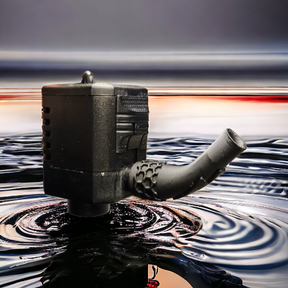 Aquakallax Strömungsaufsatz Lightning mit rundem Auslauf an einer Aquael PAT Mini Pumpe vor reflektierendem Wasserhintergrund