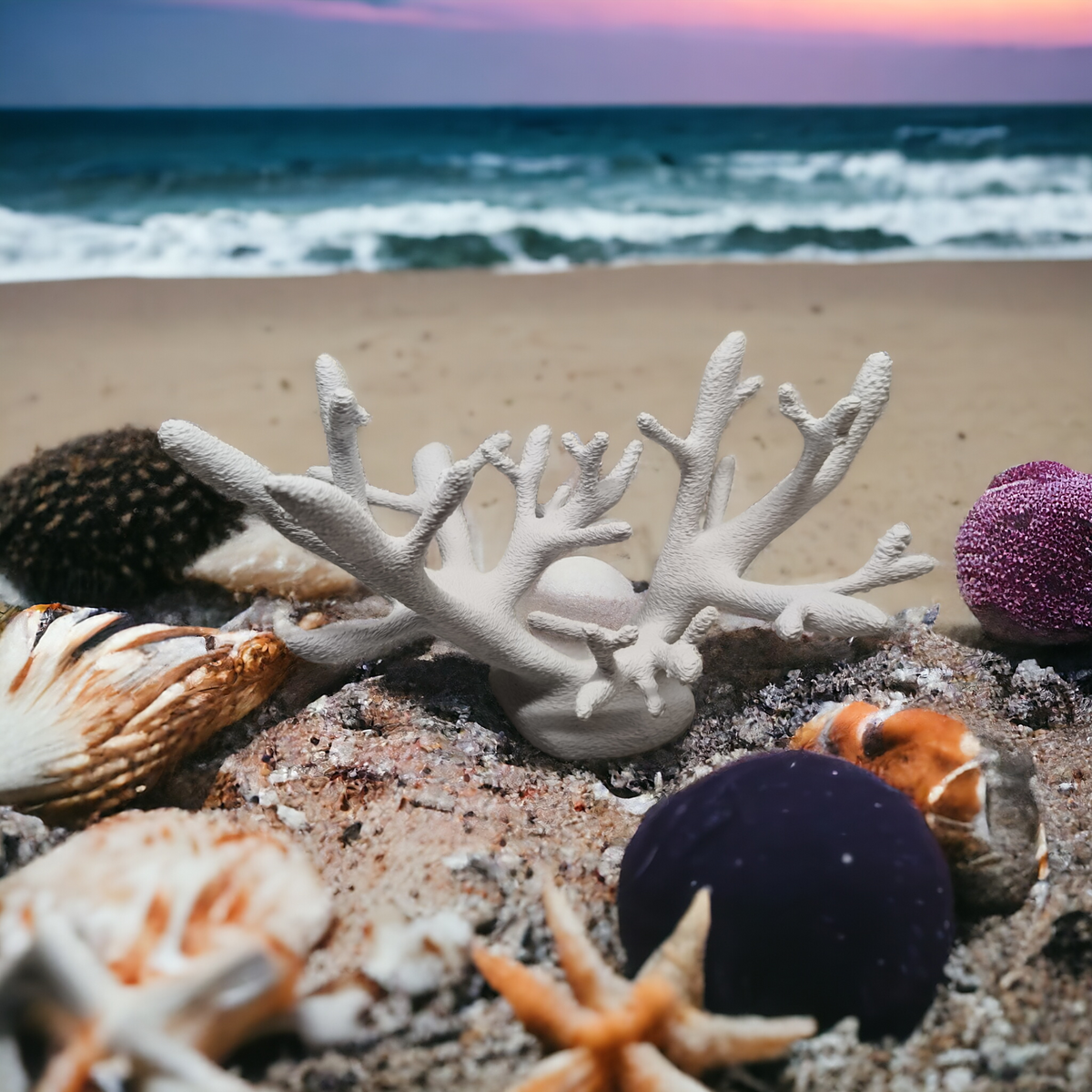 Weißer Aquakallax Magnetic Coral Fragträger mit breiten verzweigten Ästen auf Sand zwischen Muscheln und einem Seestern vor dem Meer