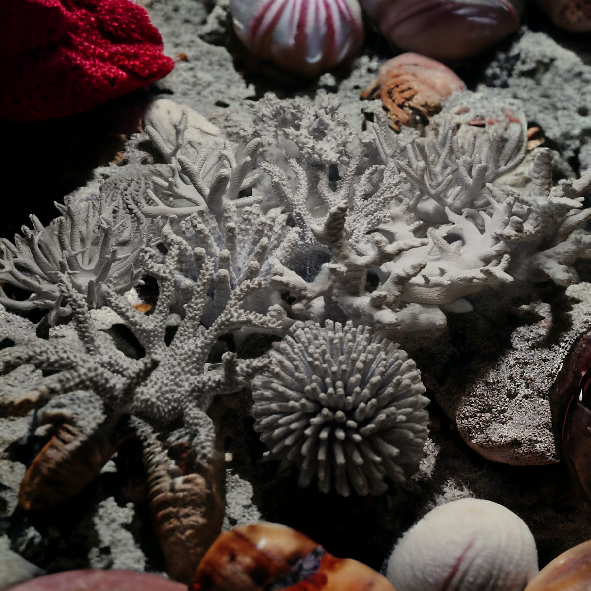 Verschiedene weiße Aquakallax Magnetic Coral Fragträger in verzweigten und runden Formen zwischen bunten Muscheln auf Sand