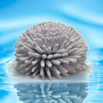 Runder weißer Aquakallax Magnetic Coral Fragträger mit dicht stehenden stabförmigen Strukturen vor blauem Wasserhintergrund