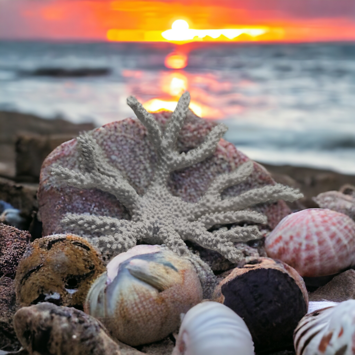 Weißer Aquakallax Magnetic Coral Fragträger mit strahlenförmig verzweigten Ästen zwischen Muscheln vor einem Sonnenuntergang am Meer