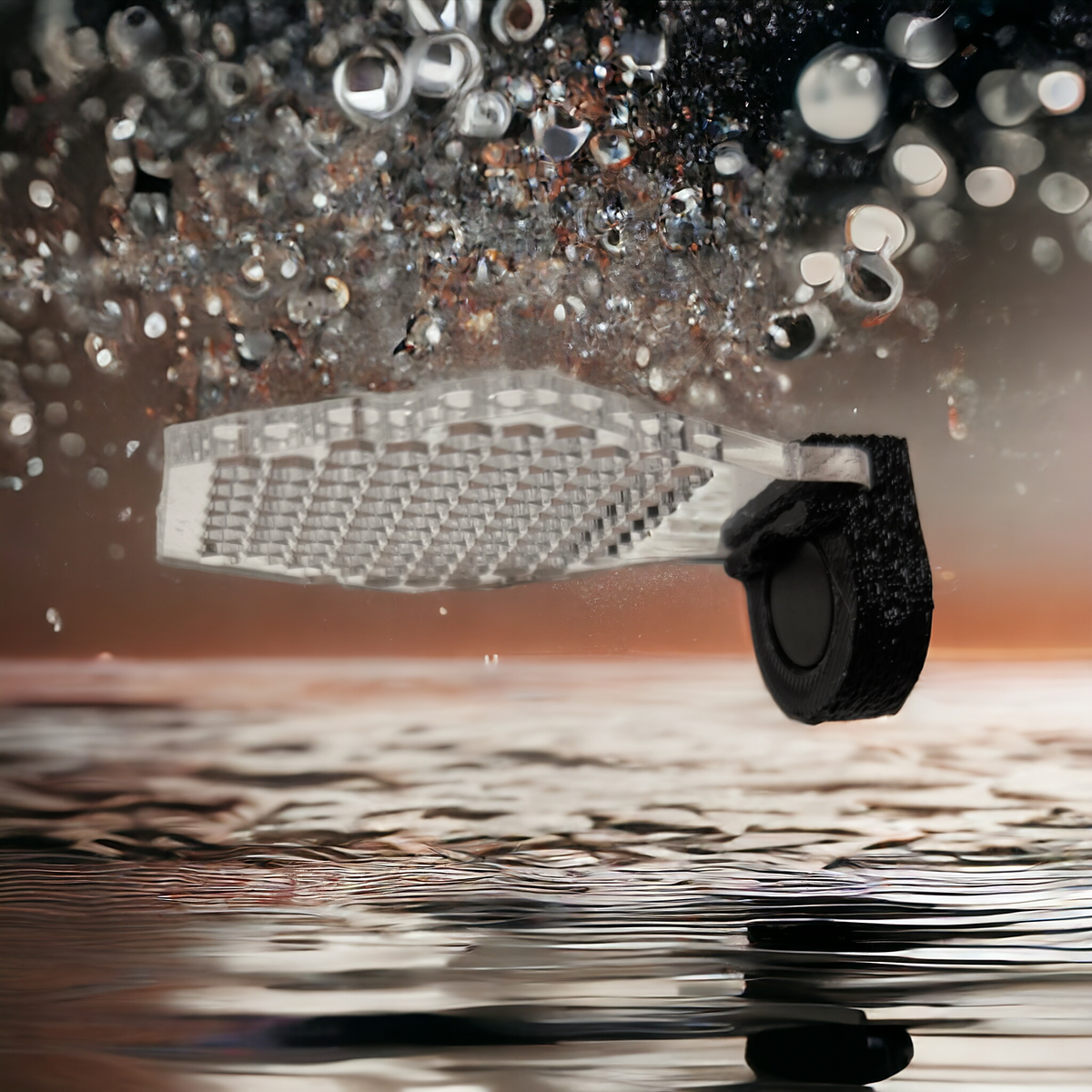 Transparentes Aquakallax Moosgitter mit schwarzer Magnetbefestigung vor einer Wasserkulisse