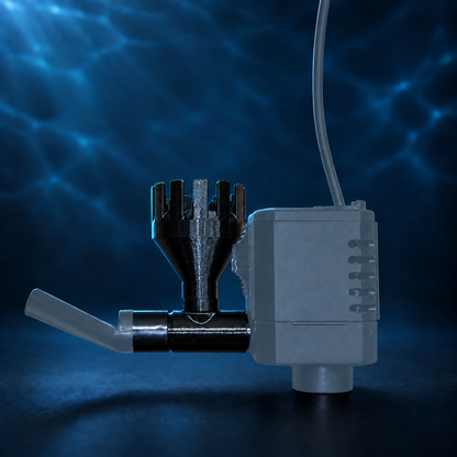 Aquakallax Oberflächenskimmer an einer Aquael PAT MINI Pumpe mit vollständig eingeschobenem Ansaugrohr
