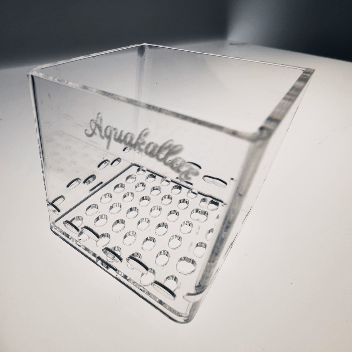 Transparente Aquakallax Pflanzenbox Größe XS mit 5 × 5 × 5 cm und gelochtem Boden in Nahansicht