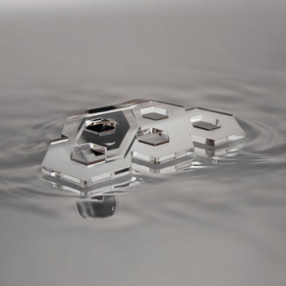 Aquakallax ReefDeck HoneyComb für fünf Korallenplugs in schräger Ansicht mit transparenter Wabenform und schwarzem Magnethalter