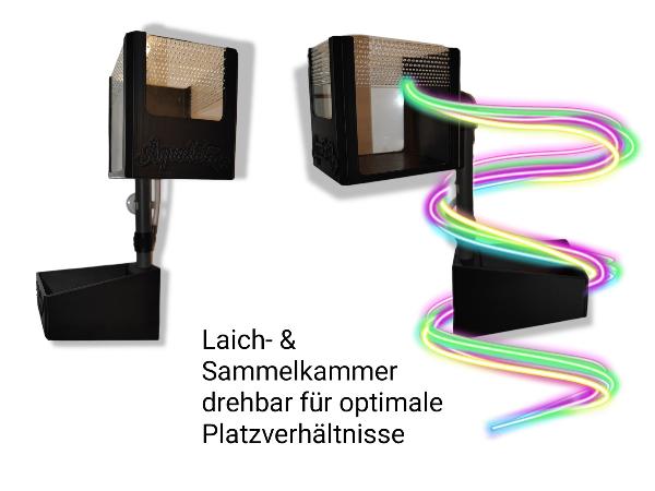 Aquakallax Safe-Bay Laichsammler in zwei Ausrichtungen mit Grafik zur drehbaren Laichkammer und Sammelkammer