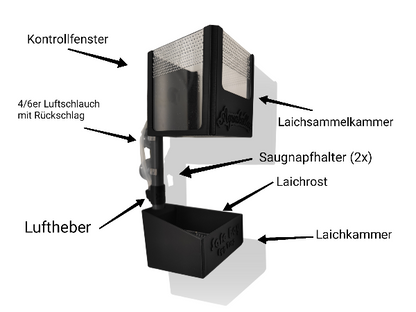 Beschriftete Komponenten des Aquakallax Safe-Bay: Laichkammer, Laichrost, Luftheber, Saugnapfhalter und obere Laichsammelkammer mit Kontrollfenster