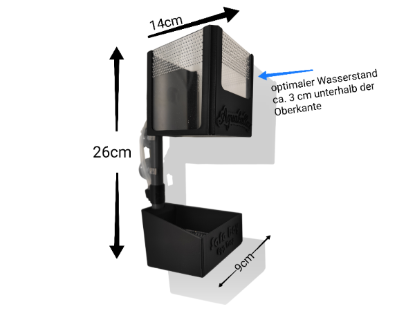 Maßgrafik des Aquakallax Safe-Bay Laichsammlers mit 26 cm Gesamthöhe, 14 cm oberer Breite und Hinweis zum Wasserstand