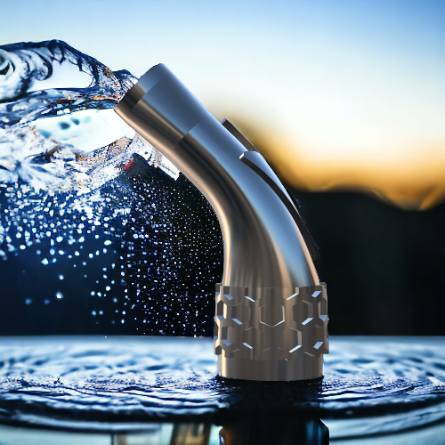 Gebogener Aquakallax Strömungsaufsatz für Konkav-HMF mit Aquael PAT Mini, Wabenstruktur am Anschluss und Wasserstrahl als Hintergrundmotiv