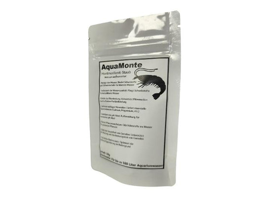 aquaMonte Montmorillonit-Pulver 50 g im wiederverschließbaren Standbeutel, Vorderansicht des Etiketts