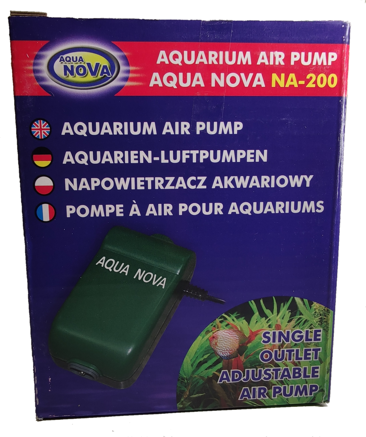 Verpackung der Aqua Nova NA-200 Aquarien-Luftpumpe mit Abbildung der grünen Pumpe und Hinweis auf einen einstellbaren Luftausgang.