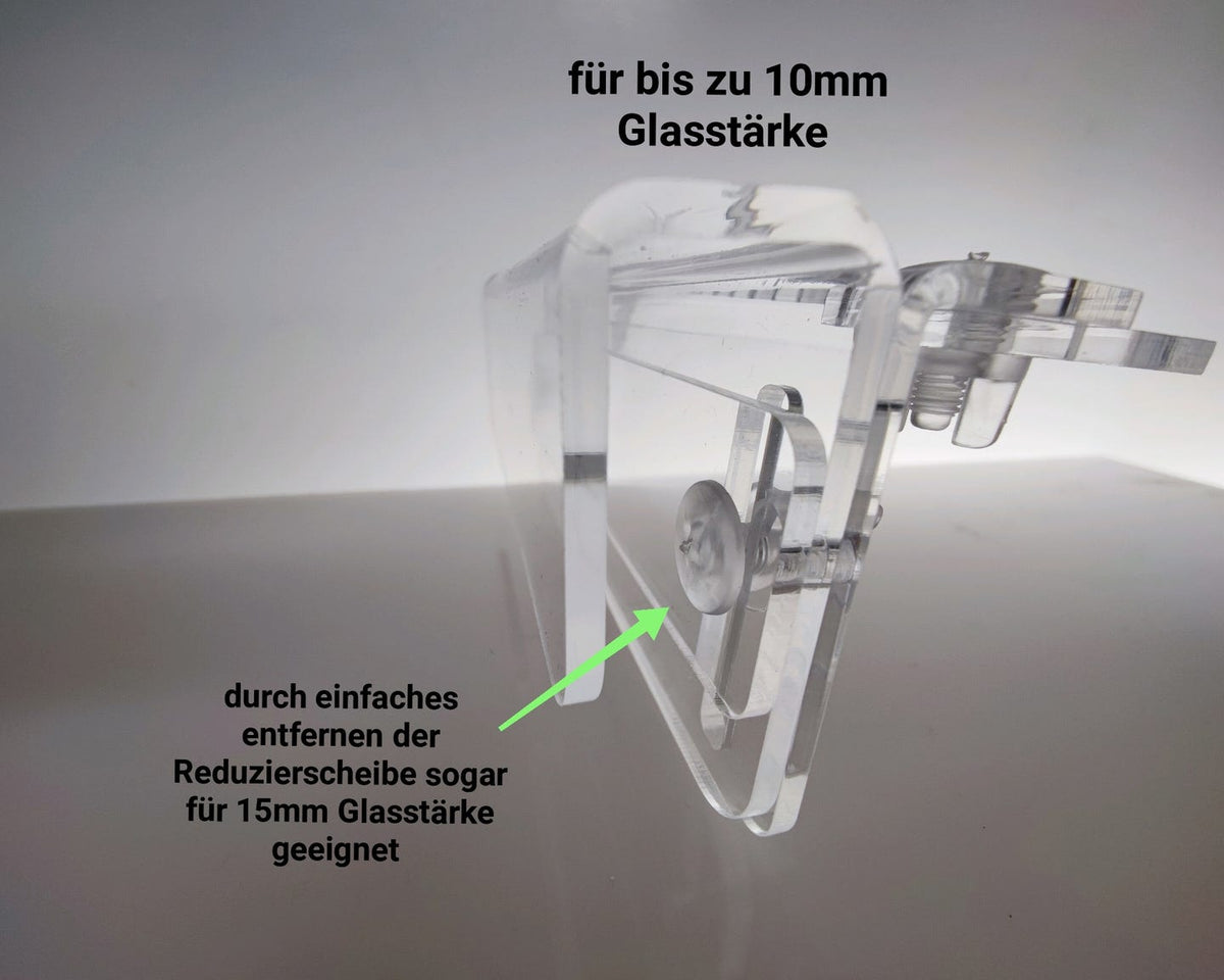 Montagegrafik des Aquakallax Dosierschlauchhalters für bis zu 10 mm Glasstärke und 15 mm nach Entfernen der Reduzierscheibe
