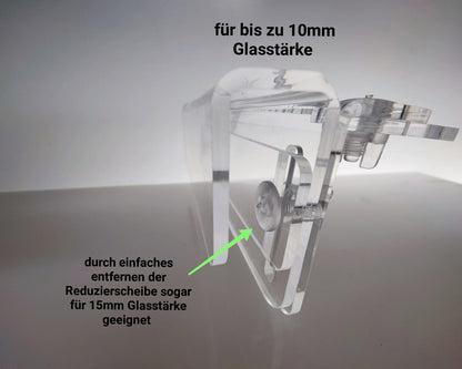 Montagegrafik des Aquakallax Dosierschlauchhalters für bis zu 10 mm Glasstärke und 15 mm nach Entfernen der Reduzierscheibe