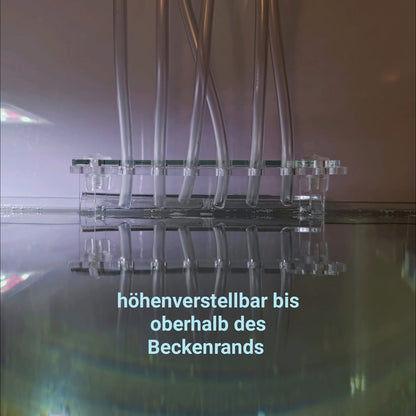 Aquakallax sechsfacher Dosierschlauchhalter mit Schläuchen oberhalb des Beckenrands und Hinweis auf die Höhenverstellung